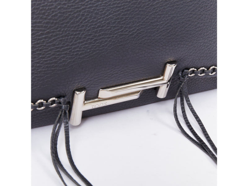 TOD'S Double Double T black calfskin silver grommet weave fringe shoulder bag