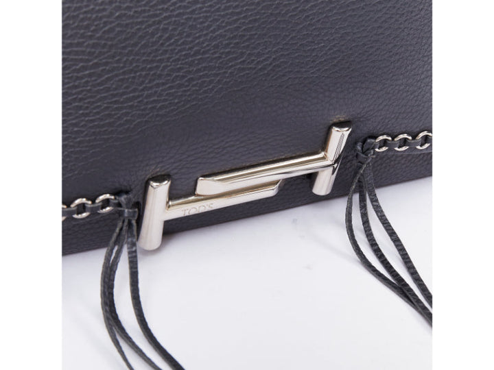 TOD'S Double Double T black calfskin silver grommet weave fringe shoulder bag
