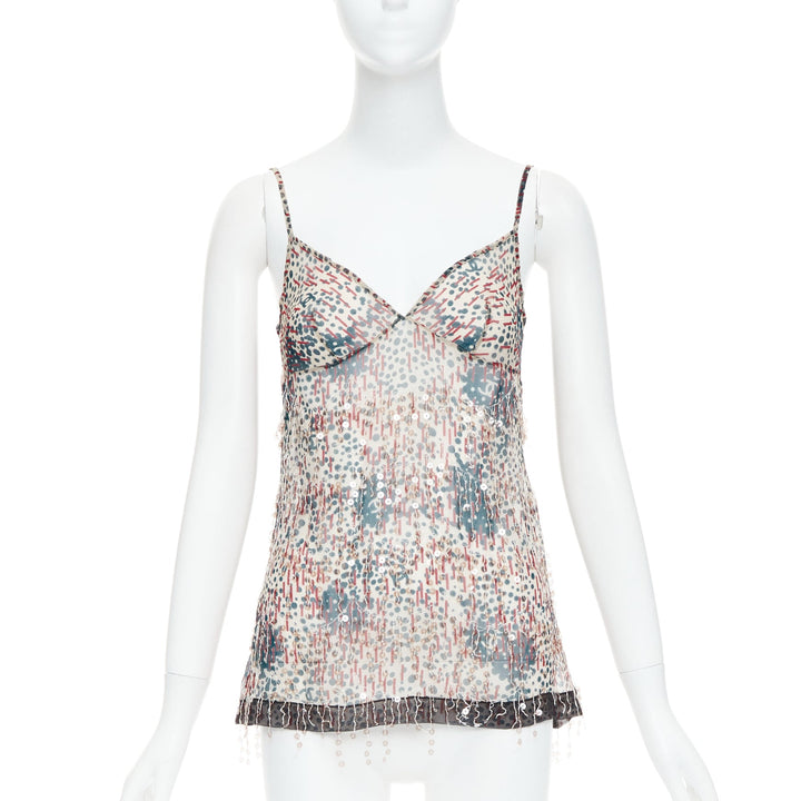 CHANEL 02A beige red sequin fringe applique sheer camisole FR38 M