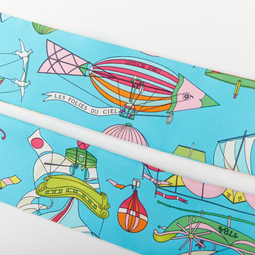 HERMES 2022 Les Folies du Ciel silk twill hot air balloon twilly scarf blue