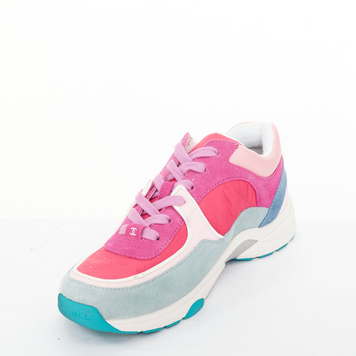 CHANEL 2018 pink blue suede fabric CC logo low top chunky sneakers EU38.5
