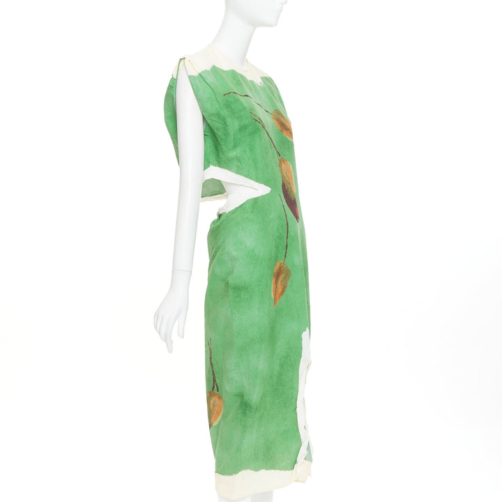 PRADA 2023 Runway green paper blend brown floral print crinkled dress IT38 XS