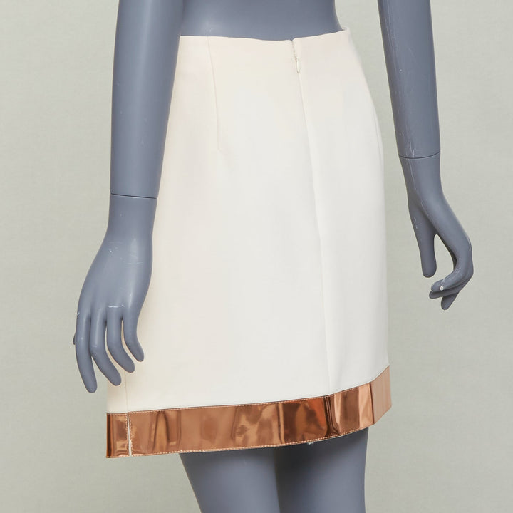 MUGLER cream virgin wool metallic copper PVC edge tulip skirt FR38 M