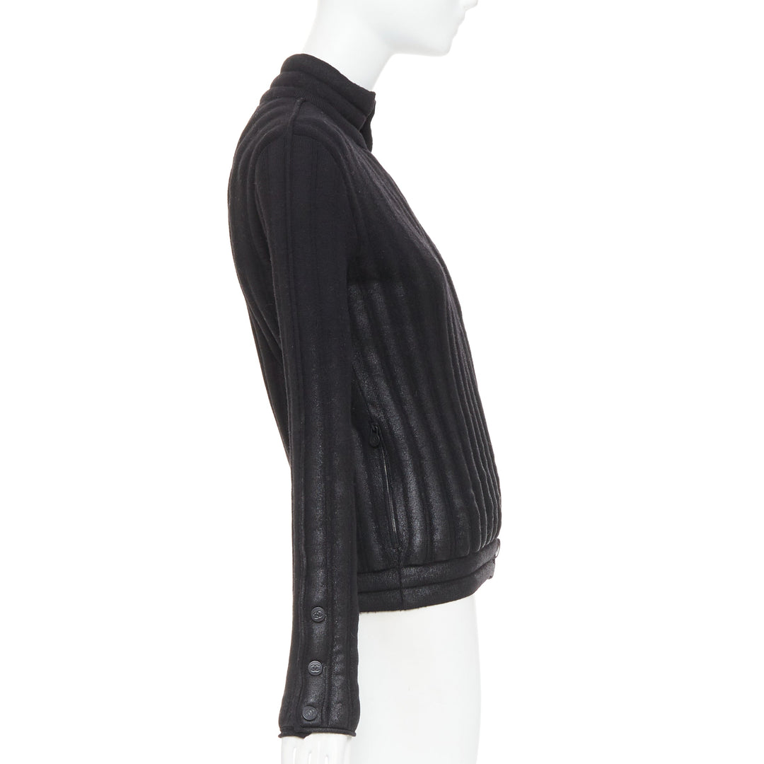 CHANEL 100% wool black metallic coated CC logo tubular pad biker jacket FR34 XS