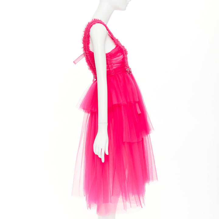 NOIR KEI NINOMIYA 2022 hot pink ruffle ruched front silver buckle dress XS