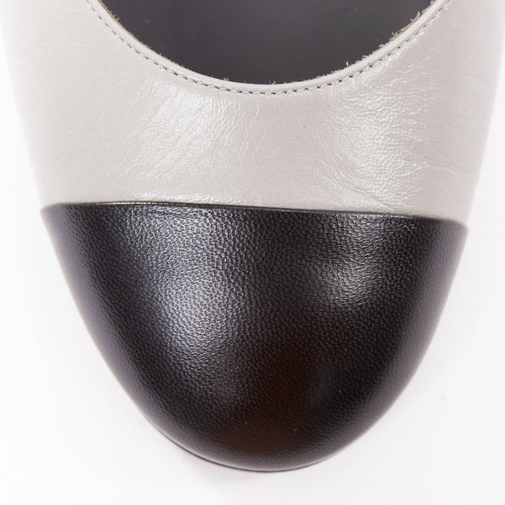 CHANEL 2022 grey leather pearl trimmed CC logo bicolor block heel pumps EU39.5