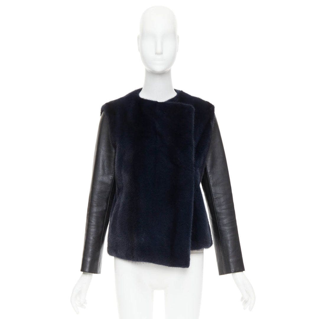 CHRISTIAN DIOR navy natural fur black soft leather sleeve silk lined jacket