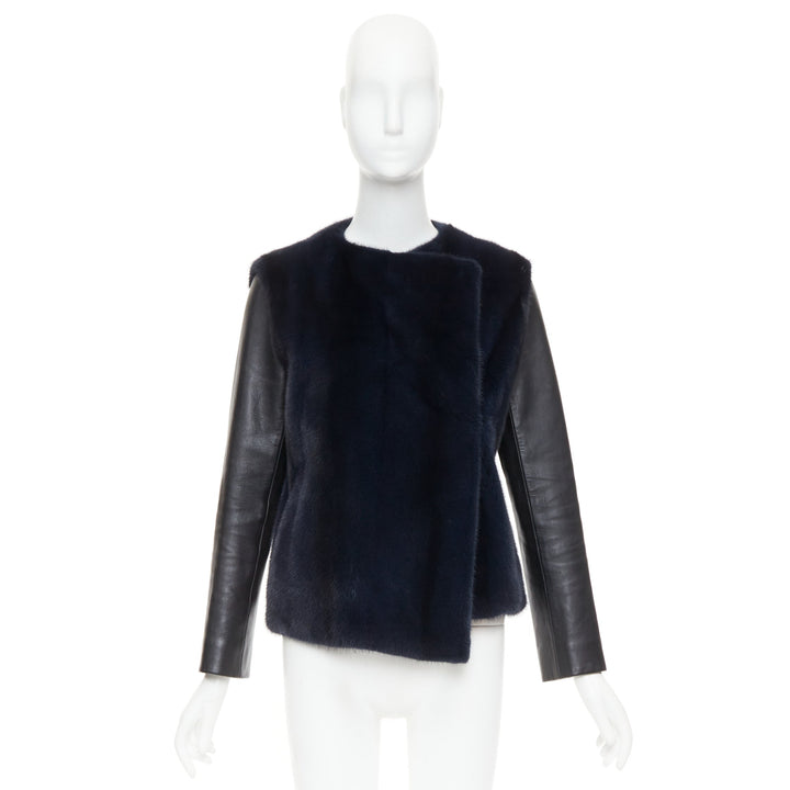 CHRISTIAN DIOR navy natural fur black soft leather sleeve silk lined jacket