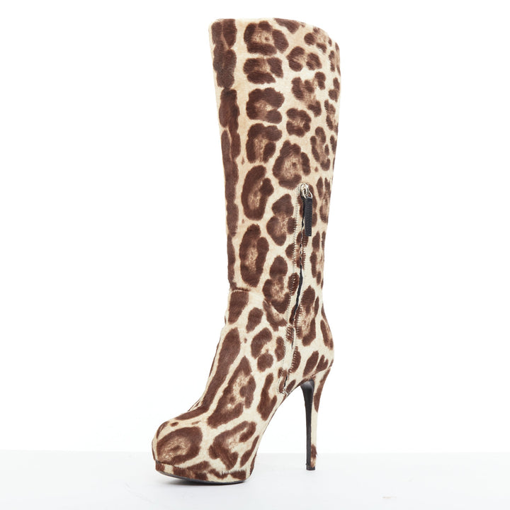 GIUSEPPE ZANOTTI brown nude leopard print platform high heel boots EU36.5
