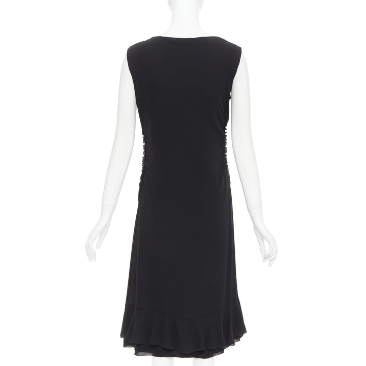 PRADA Vintage black silk ruched ruffle front V neck dress IT44 L