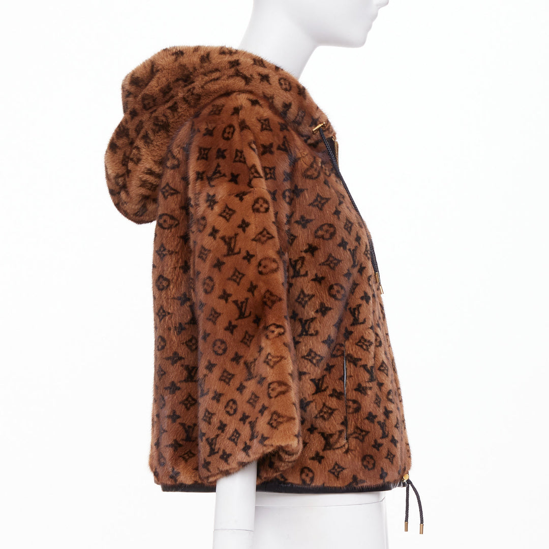 LOUIS VUITTON 2022 Monogram Mink Fur drawstring zip up hooded jacket FR34 XS