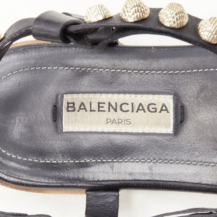 BALENCIAGA Cagole black leather gold textured  stud T-strap flat sandals EU38