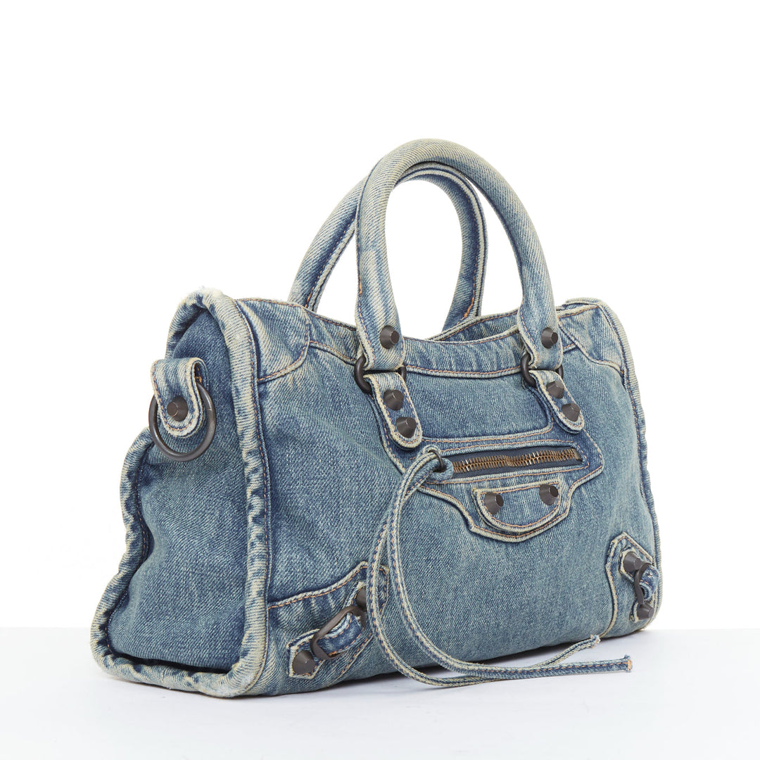 BALENCIAGA Le City Small blue washed denim gunmetal studded top handle bag