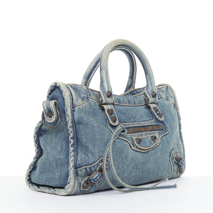 BALENCIAGA Le City Small blue washed denim gunmetal studded top handle bag