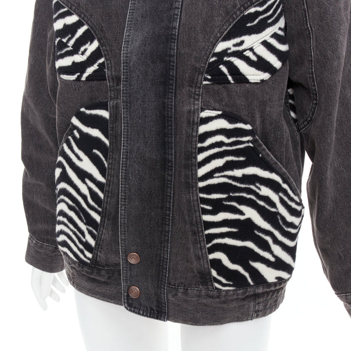 CELINE Hedi Slimane black white zebra wool patch denim jacket S