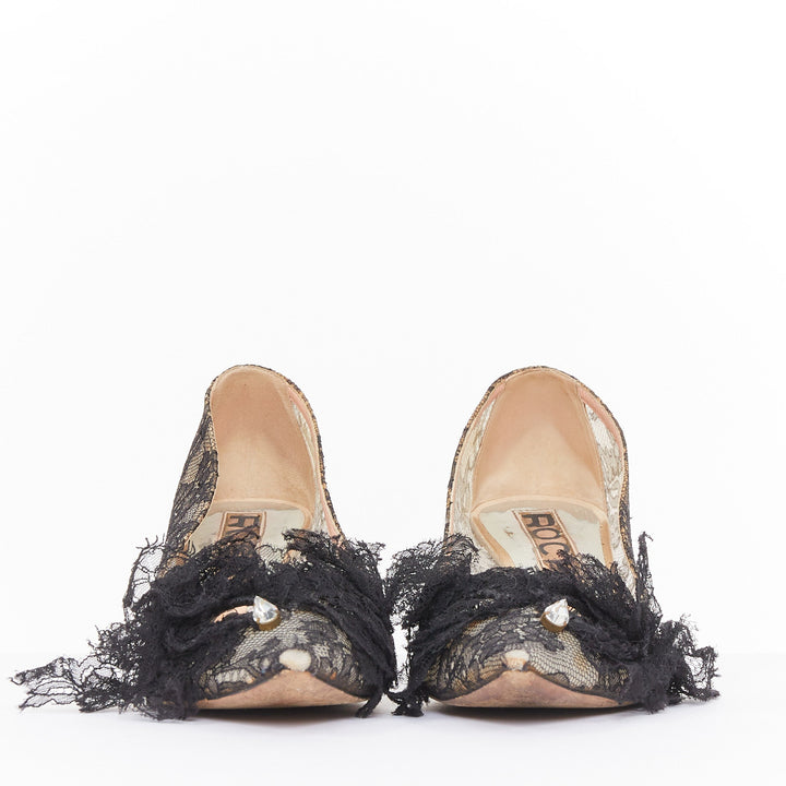ROCHAS black floral lace mesh pom pom rosette point toe kitten heel pumps EU36