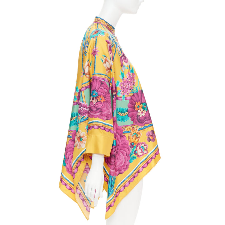 LE DOUBLE J Edition 36 Foulard 100% silk gold pink floral print kaftan shirt XS