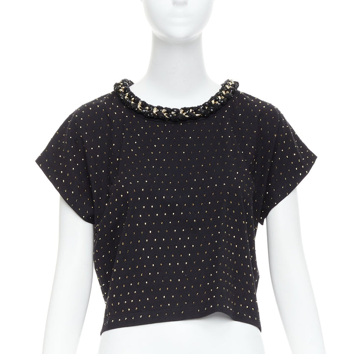 BALMAIN gold crystal rhinestone chain embellished black crop tshirt XS