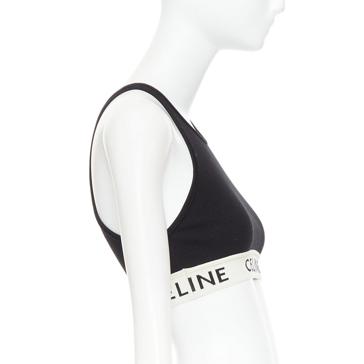 CELINE black cotton blend cream ribbed logo round neck bra top  Lisa Blackpink