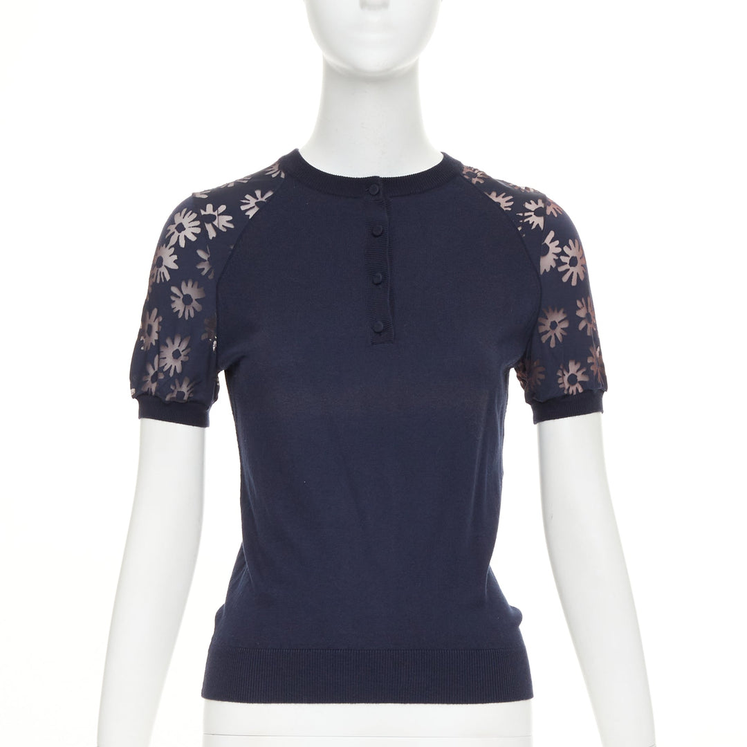 NINA RICCI navy viscose cotton sheer floral sleeve henley pullover sweater S