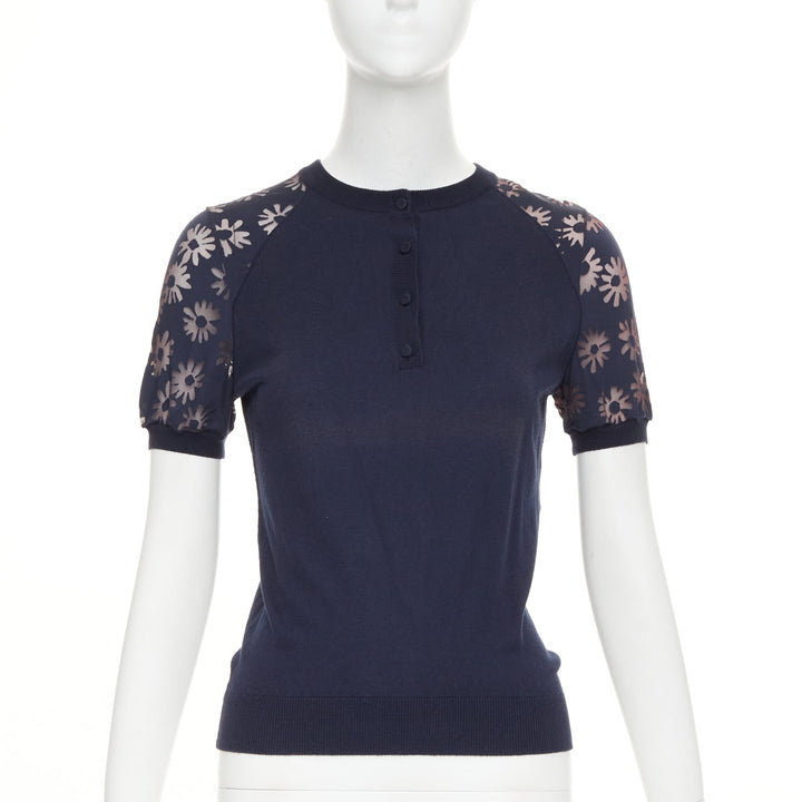NINA RICCI navy viscose cotton sheer floral sleeve henley pullover sweater S