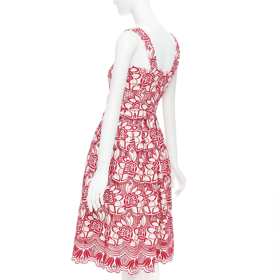 DOLCE GABBANA 2021 red cream floral embroidery anglais flared sun dress IT38 XS