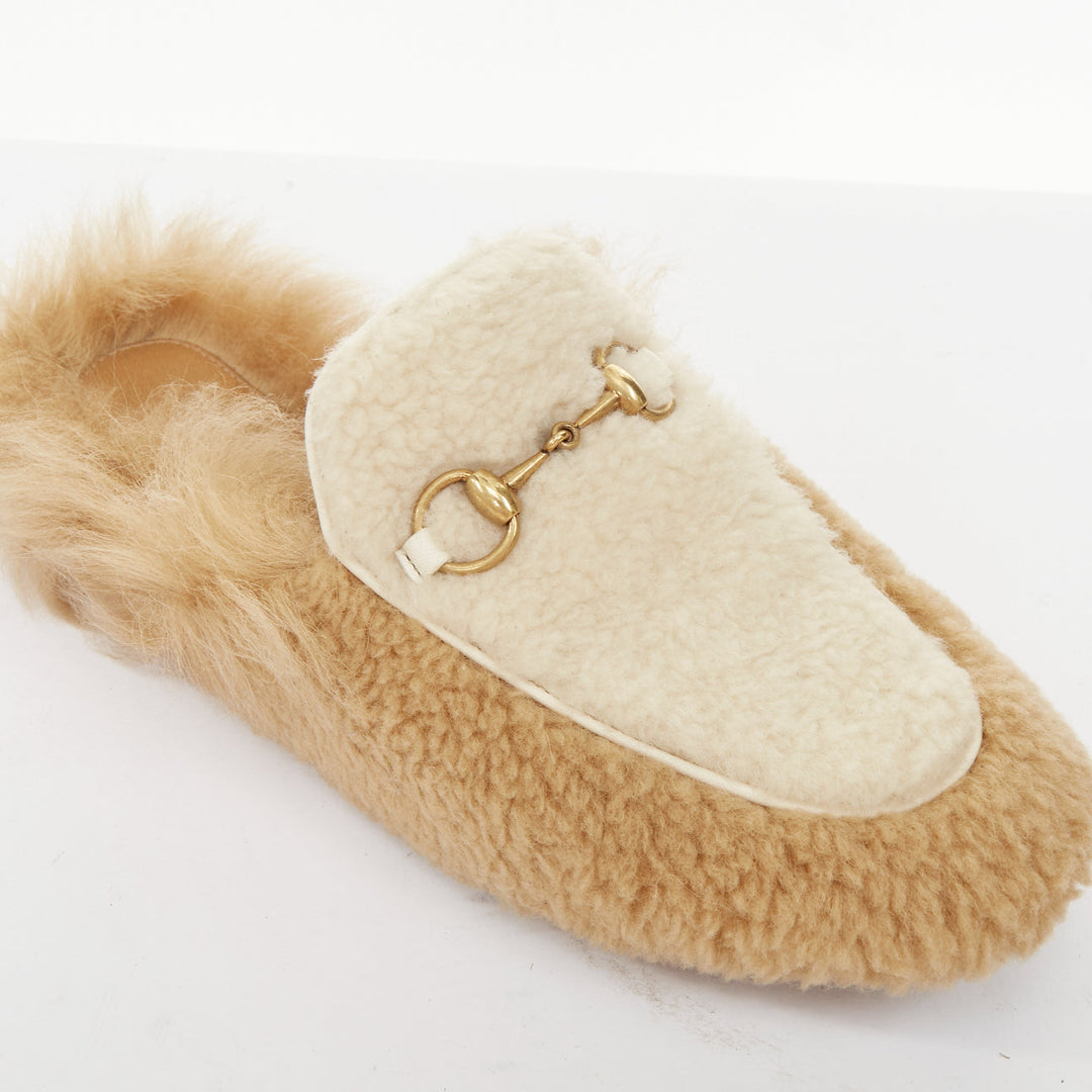 GUCCI Princetown beige shearling horsebit backless loafer mules EU37
