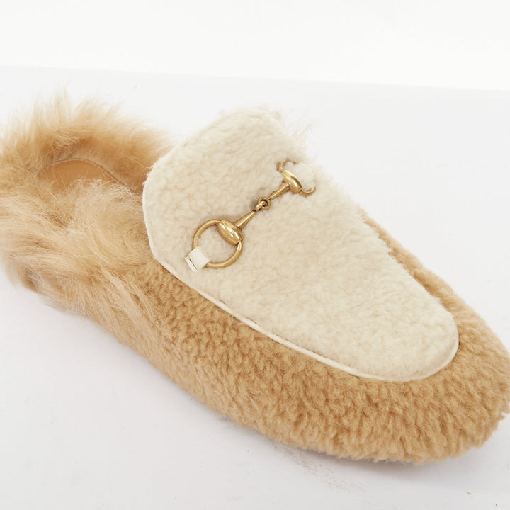 GUCCI Princetown beige shearling horsebit backless loafer mules EU37