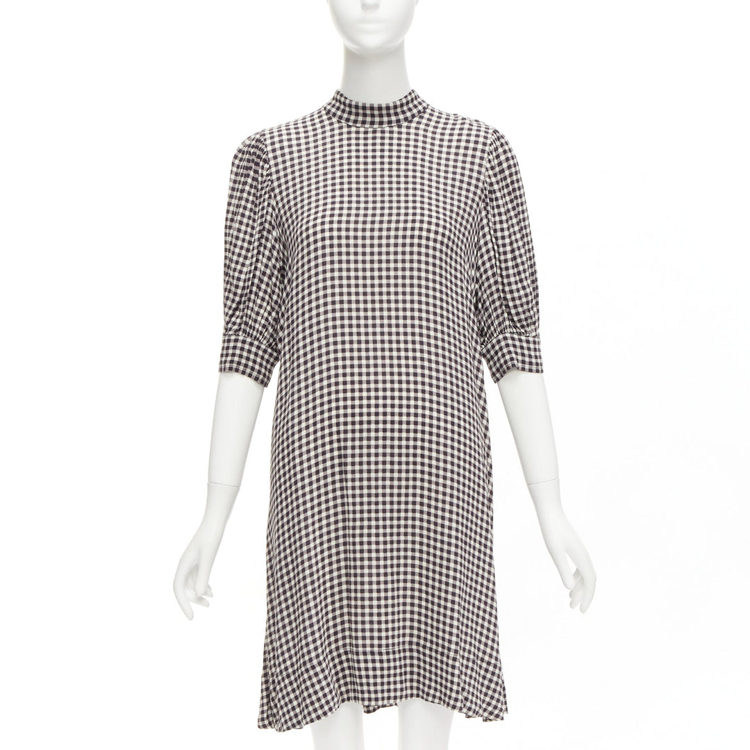 GANNI black white checkerboard print high neck half sleeve knee dress FR36 S
