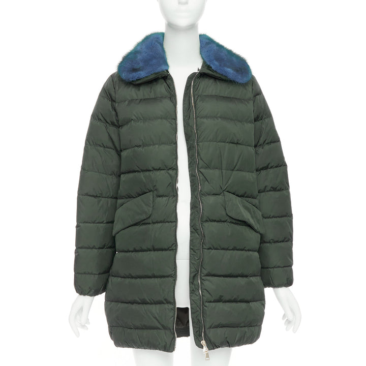 MONCLER Indis Giabotto blue fur collar khaki quilt puffer jacket Sz1