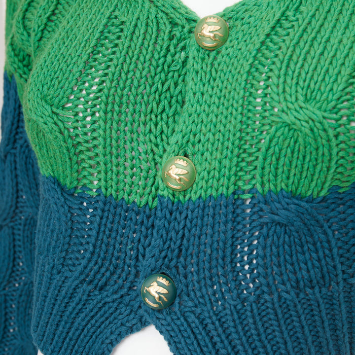 ETRO 2023 bicolor green teal cotton cashmere mixed cable knit cardigan IT38 XXS