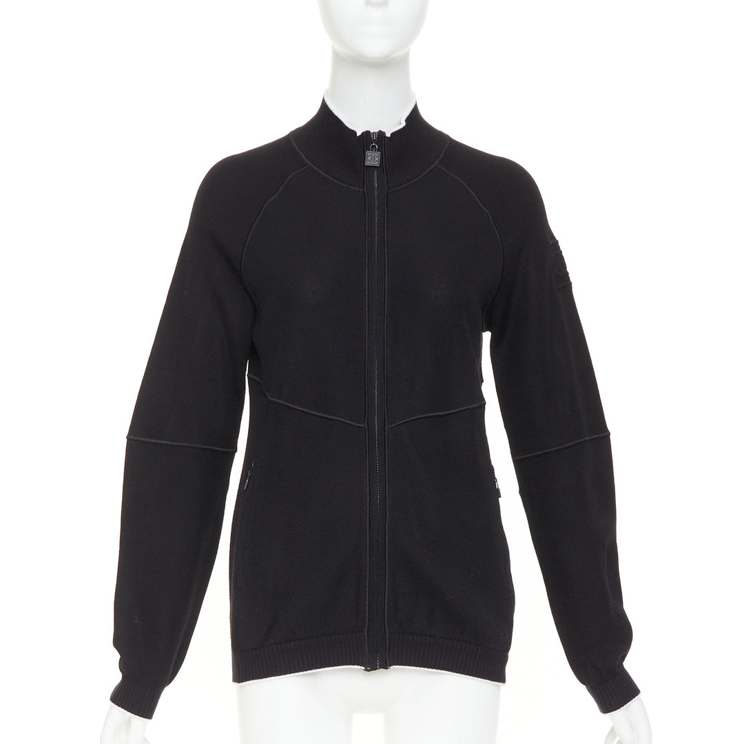 CHANEL SPORTS 09P black technical knit embroidered logo zip-up jacket FR40 L