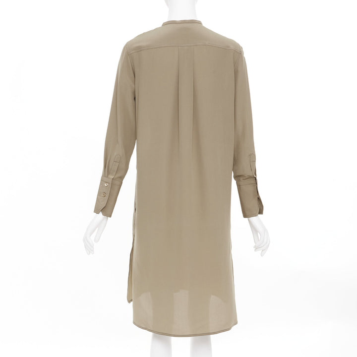 HERMES khaki tan covered button silk band collar long sleeve shift dress FR34