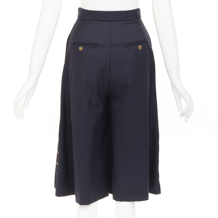 THOM BROWNE navy wool side button sailor striped lining culottes shorts IT36 XXS