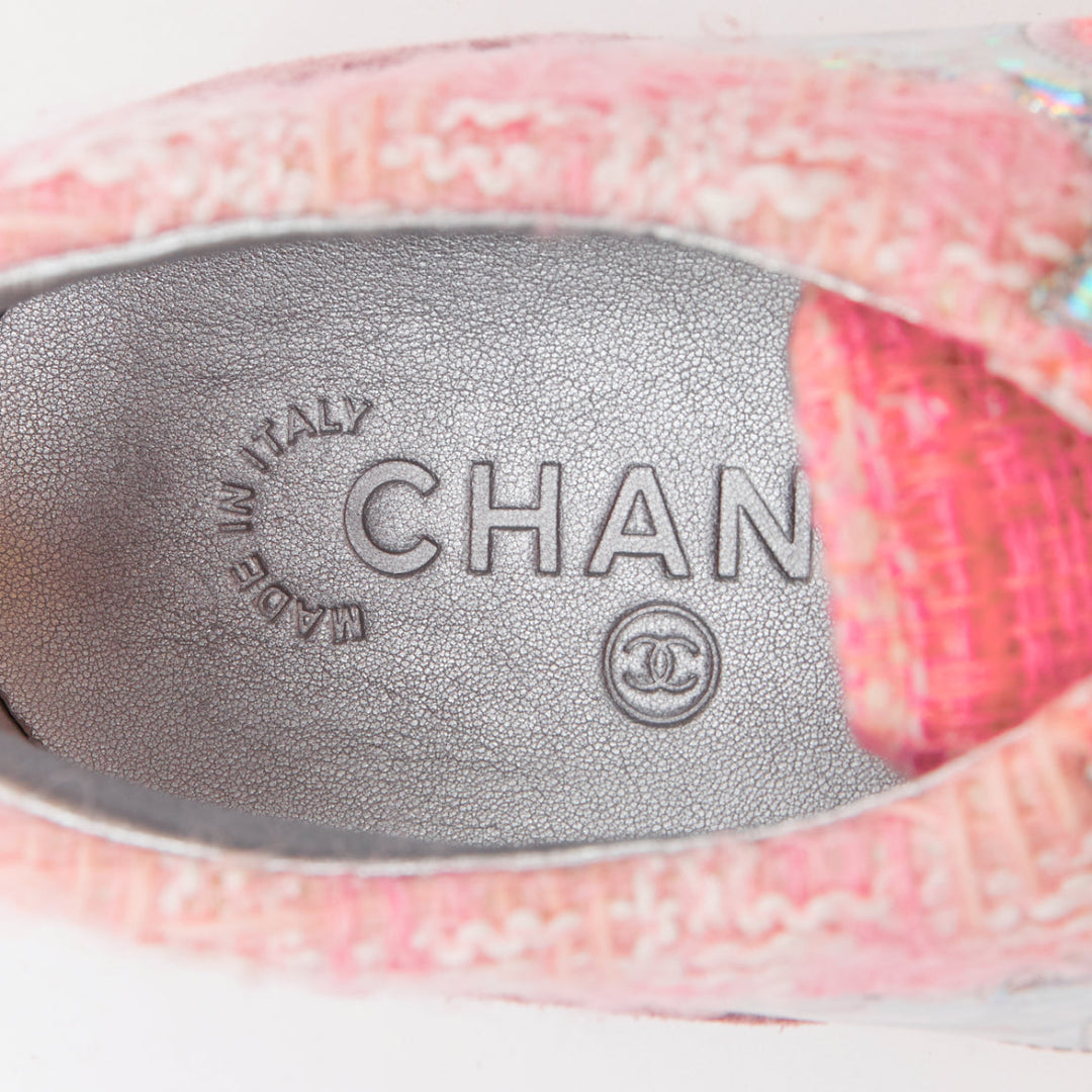 CHANEL 2014 pink tweed silver holographic silver leather sneakers EU38.5