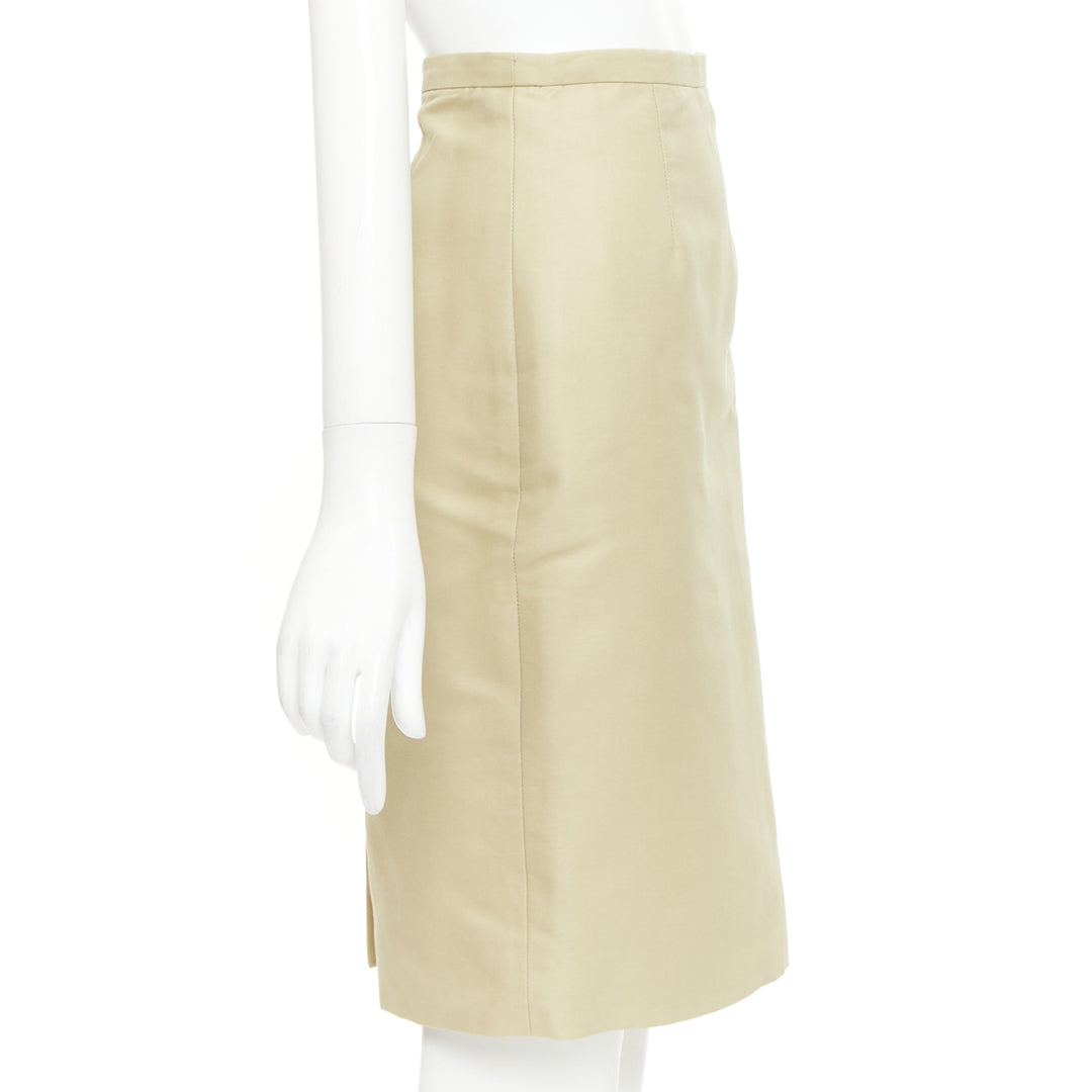 VALENTINO khaki cotton silk darted high waist back slit pencil skirt US2 S