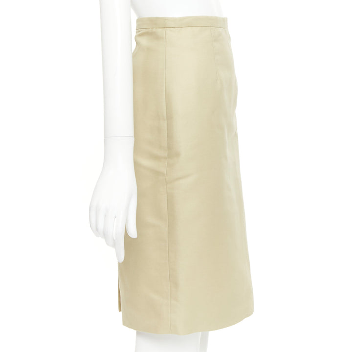 VALENTINO khaki cotton silk darted high waist back slit pencil skirt US2 S