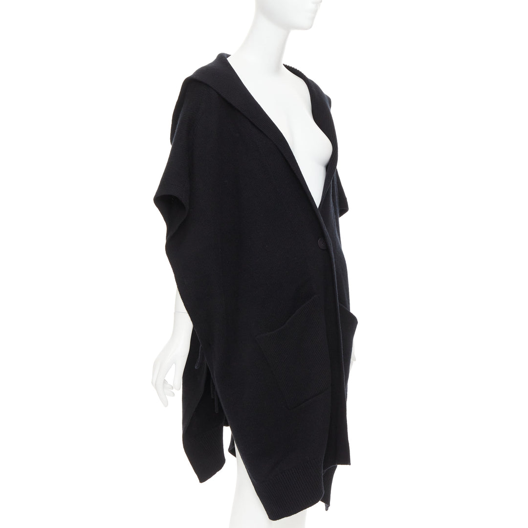 HERMES 100% cashmere black hooded rectangular poncho cardigan coat TU