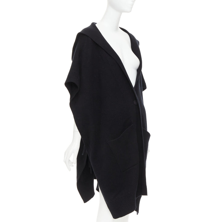 HERMES 100% cashmere black hooded rectangular poncho cardigan coat TU