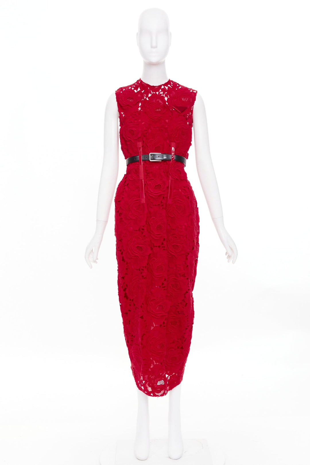 PRADA 2022 Runway red rose blooming guipure lace open back sheath dress IT40