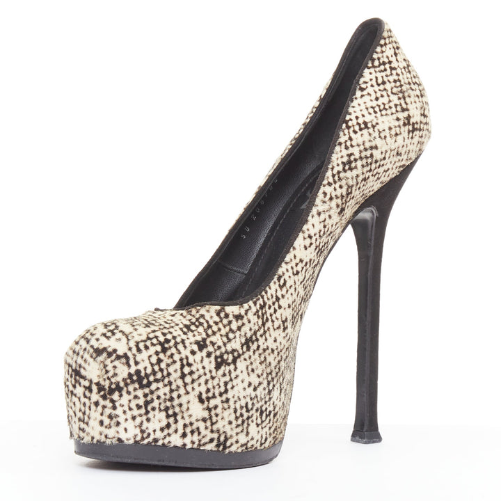 YVES SAINT LAURENT Tribtoo 105 cream black calf hair platform pumps EU39.5