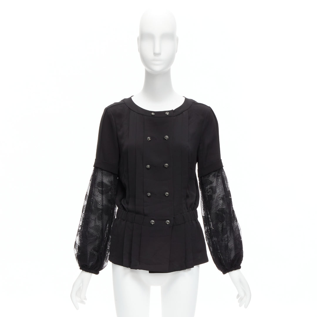 CHANEL 13P silk black floral lace sleeves pleated jacket blouse FR36 S