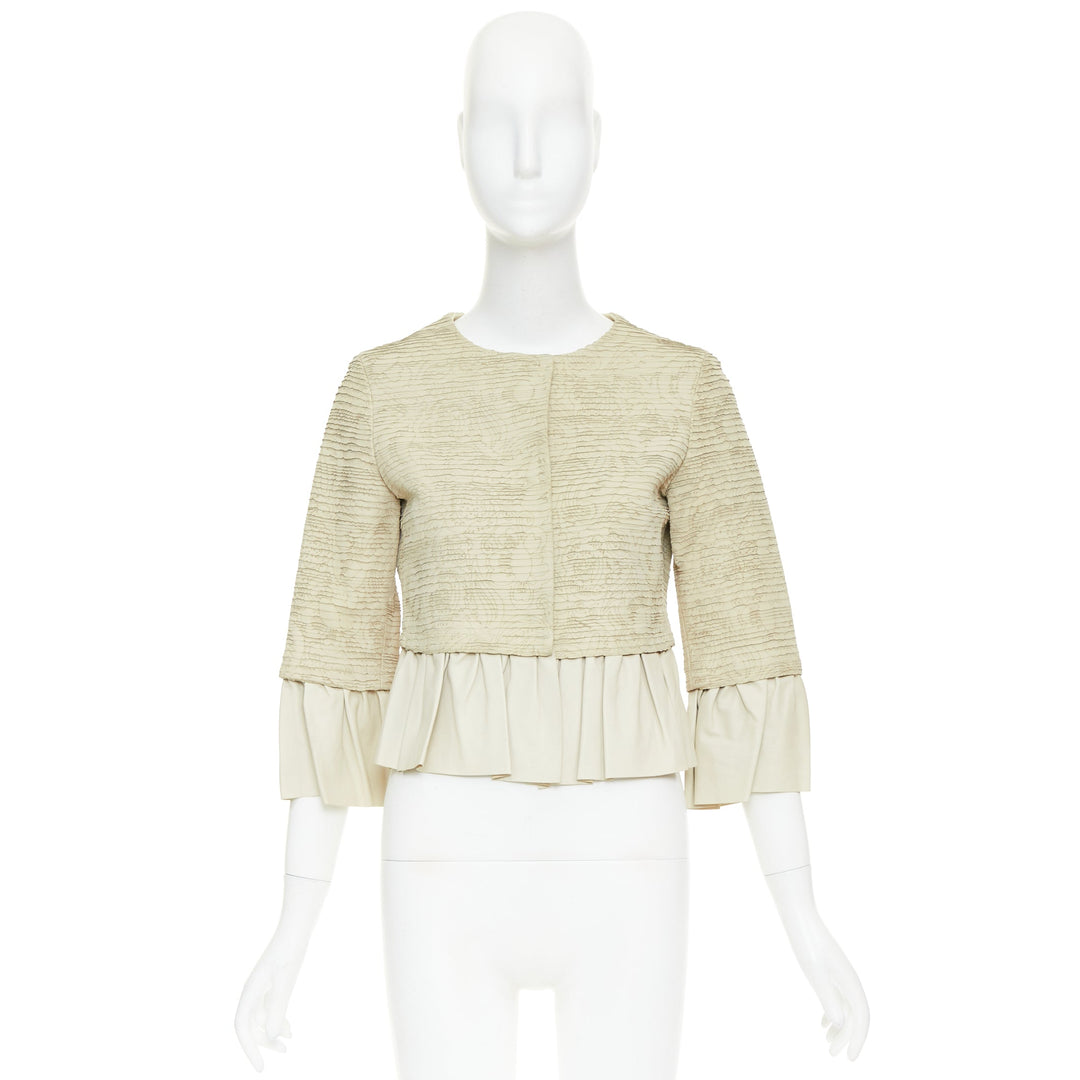 VALENTINO beige lambskin leather floral tiered laser cut ruffle jacket IT40 S