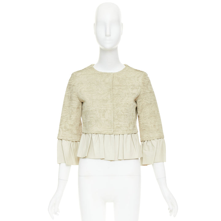 VALENTINO beige lambskin leather floral tiered laser cut ruffle jacket IT40 S