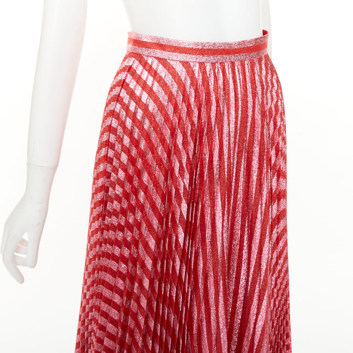 GUCCI 2015 Runway red pink chevron stripe lurex silk pleated midi skirt IT36 XXS