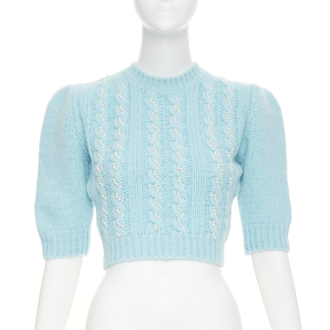 ALESSANDRA RICH pastel blue alpaca pearl embellished cable sweater IT36 XXS