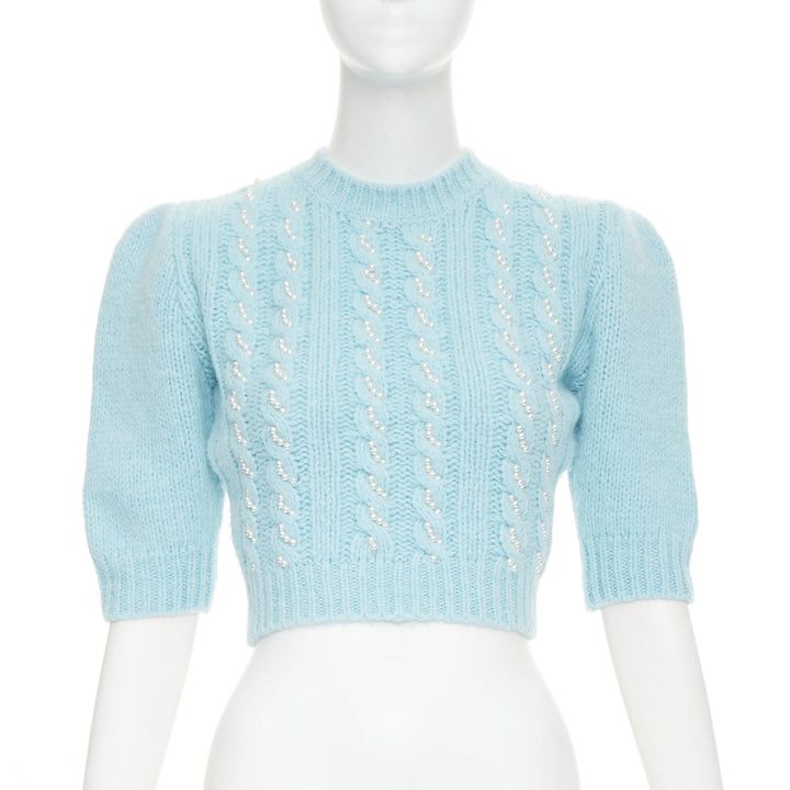ALESSANDRA RICH pastel blue alpaca pearl embellished cable sweater IT36 XXS