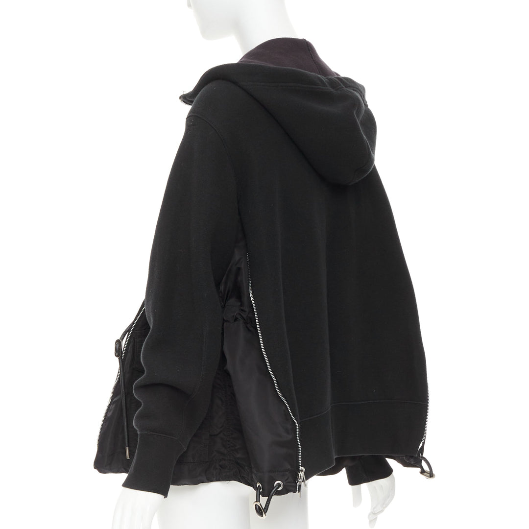 SACAI 2019 black cotton blend nylon side zip deconstructed hybrid hoodie JP2 M