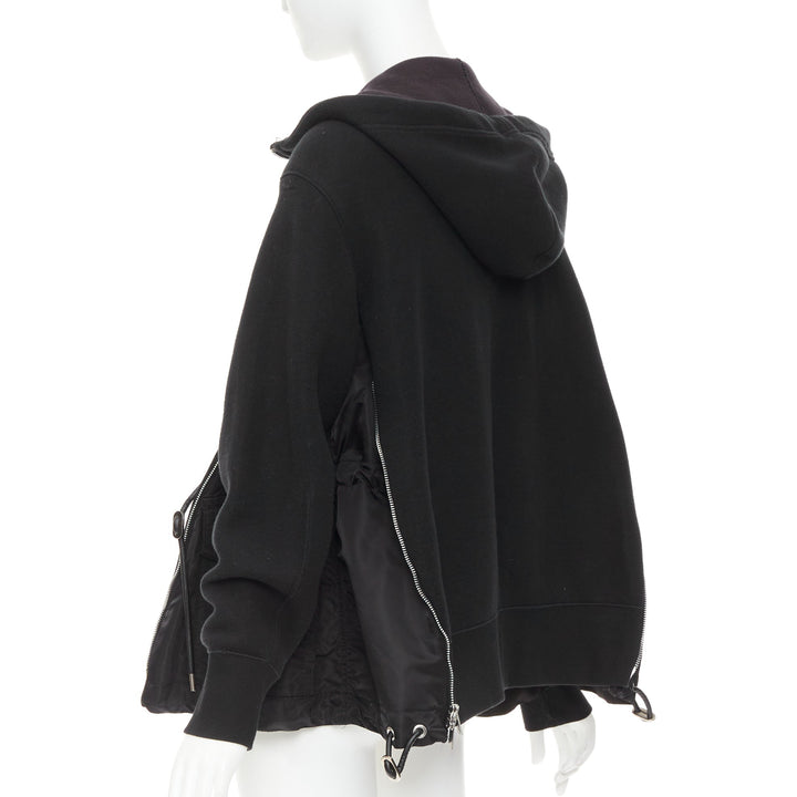 SACAI 2019 black cotton blend nylon side zip deconstructed hybrid hoodie JP2 M