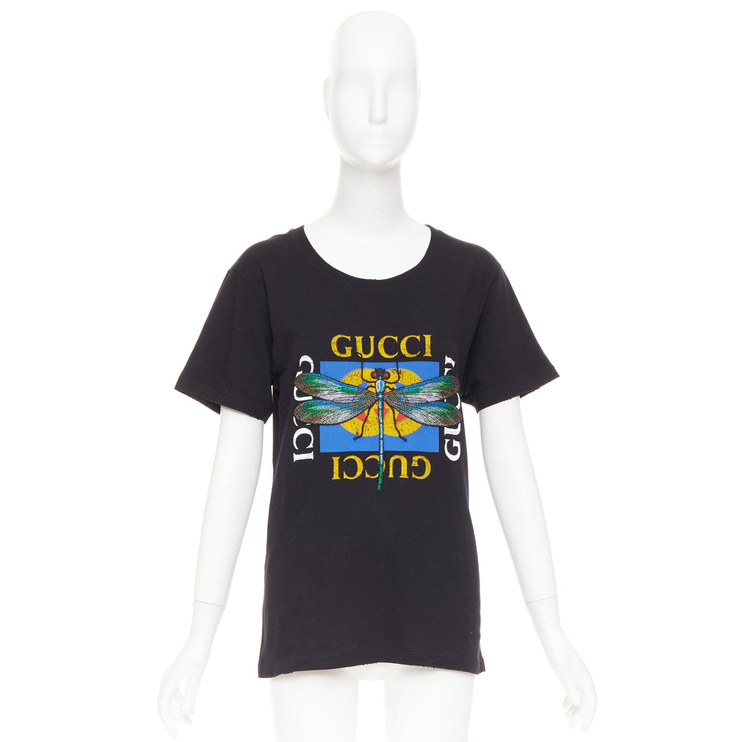 GUCCI 2018 black cotton vintage logo embroidered dragonfly jersey tshirt XS